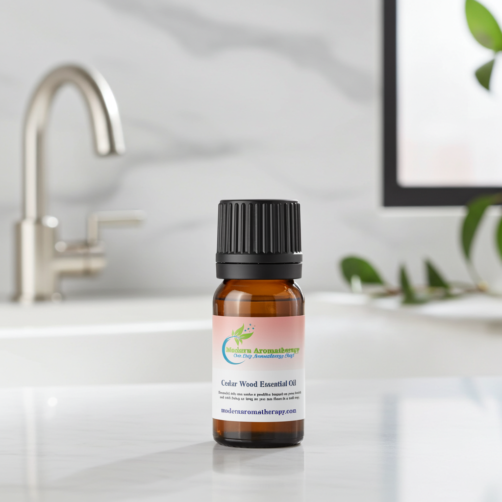 Cedarwood essential oil bottle for diffuser use, calming deep sleep aromatherapy, and freshening indoor spaces.