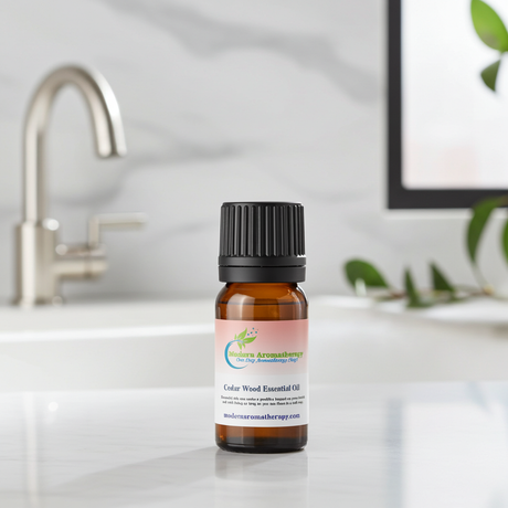 Cedar Wood Essential Oil bottle for diffuser use, calming aromatherapy, and freshening indoor spaces.