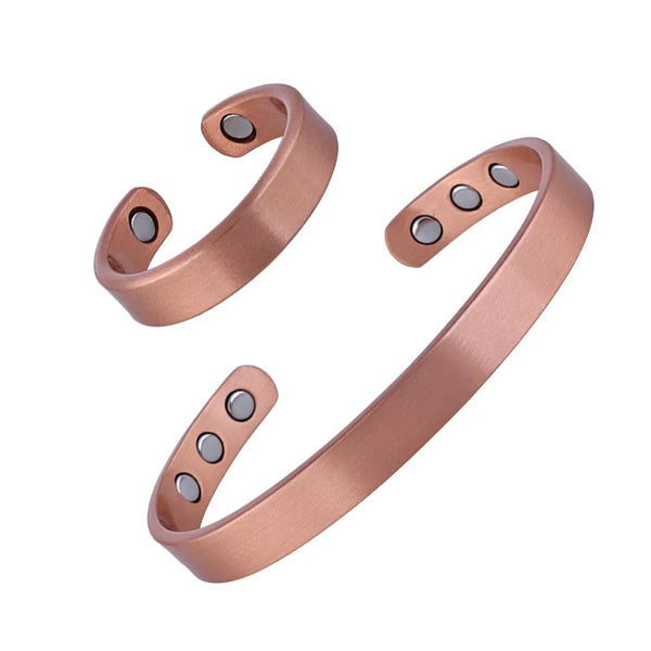 Pure Copper Magnetic Bracelets & Rings Set with copper bracelet and ring pieces for wellness wear, daily styling, and magnetic jewelry use.
