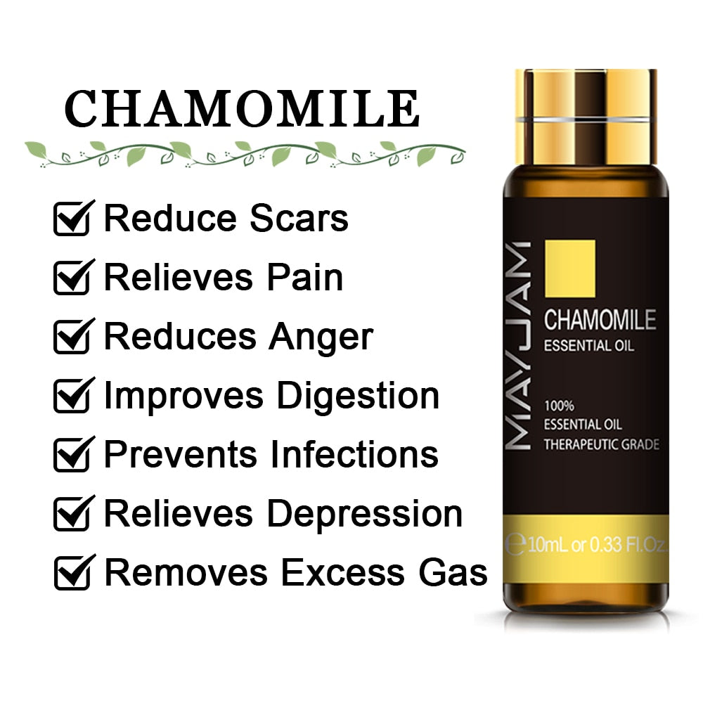 MAYJAM chamomile essential oil in a 10ml amber bottle with a yellow colour-coded label.