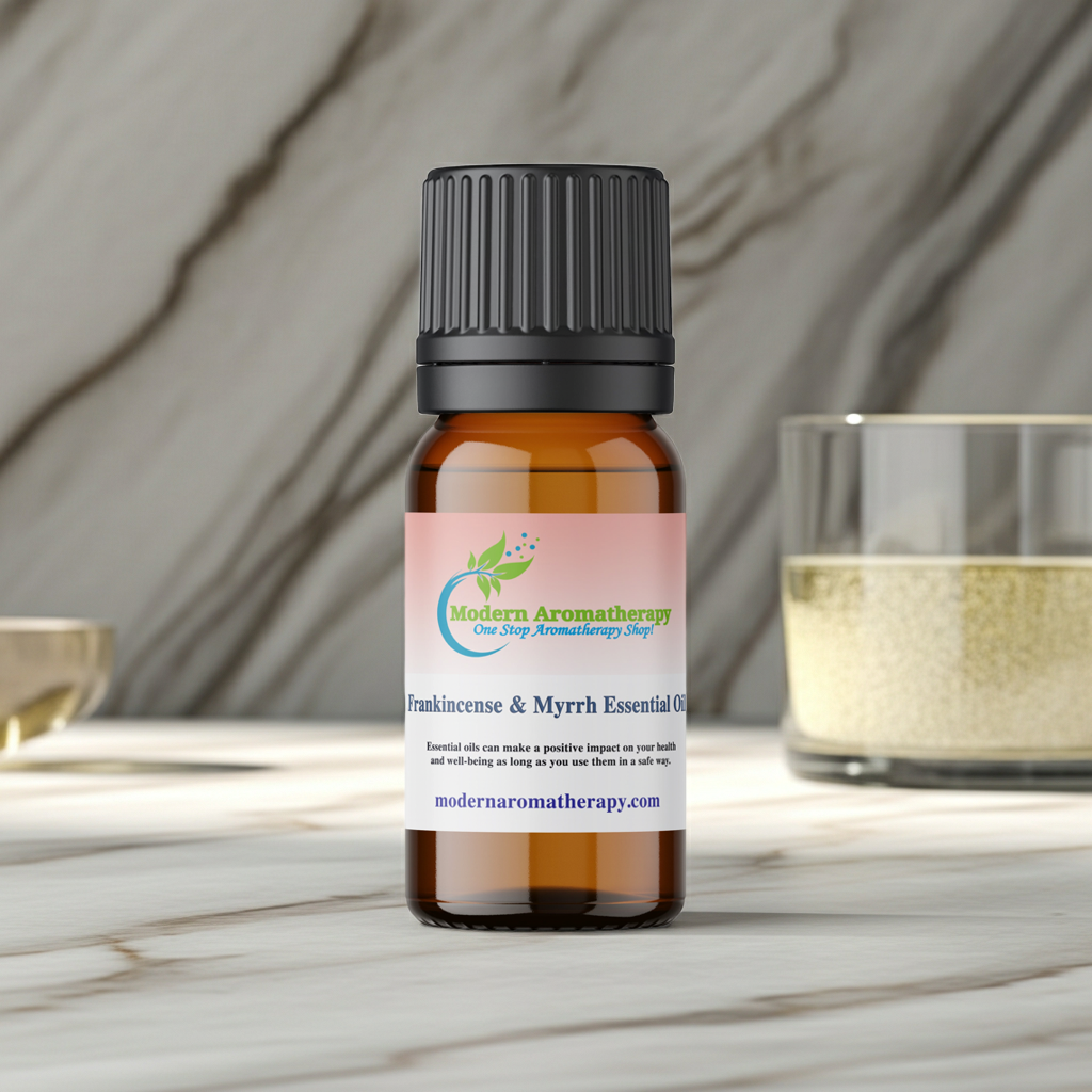 Pure Frankincense & Myrrh essential oil bottle for meditation, spiritual practice, and soothing aromatic use.