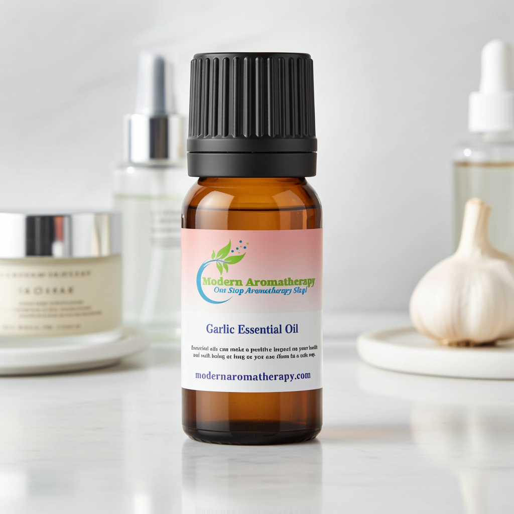 Pure Garlic Essential Oil bottle for diluted hair care massage, wellness blending, and topical aromatherapy use.