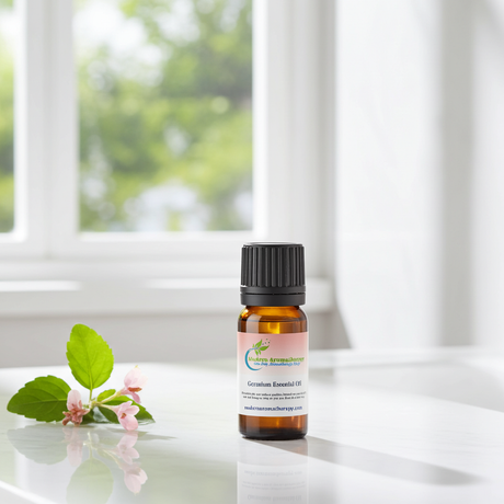 Pure geranium essential oil dropper bottle for aromatherapy, massage oil blending, and daily wellness routines.