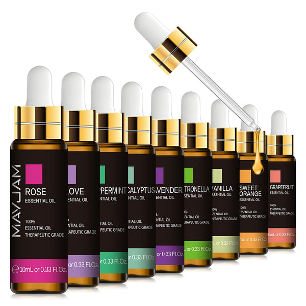 MAYJAM 10ml essential oils in colour-coded amber bottles with bulb pipette caps, including rose, clove, peppermint, eucalyptus, lavender, citronella, vanilla, sweet orange and grapefruit.
