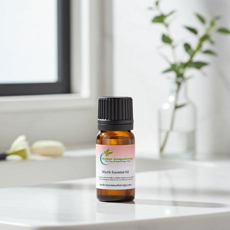 Pure myrrh essential oil dropper bottle for massage blends, meditation, and daily aromatherapy.