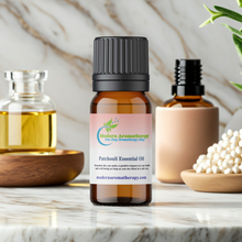 Pure patchouli essential oil dropper bottle for aromatherapy blends, skin care formulation, and meditation practice.