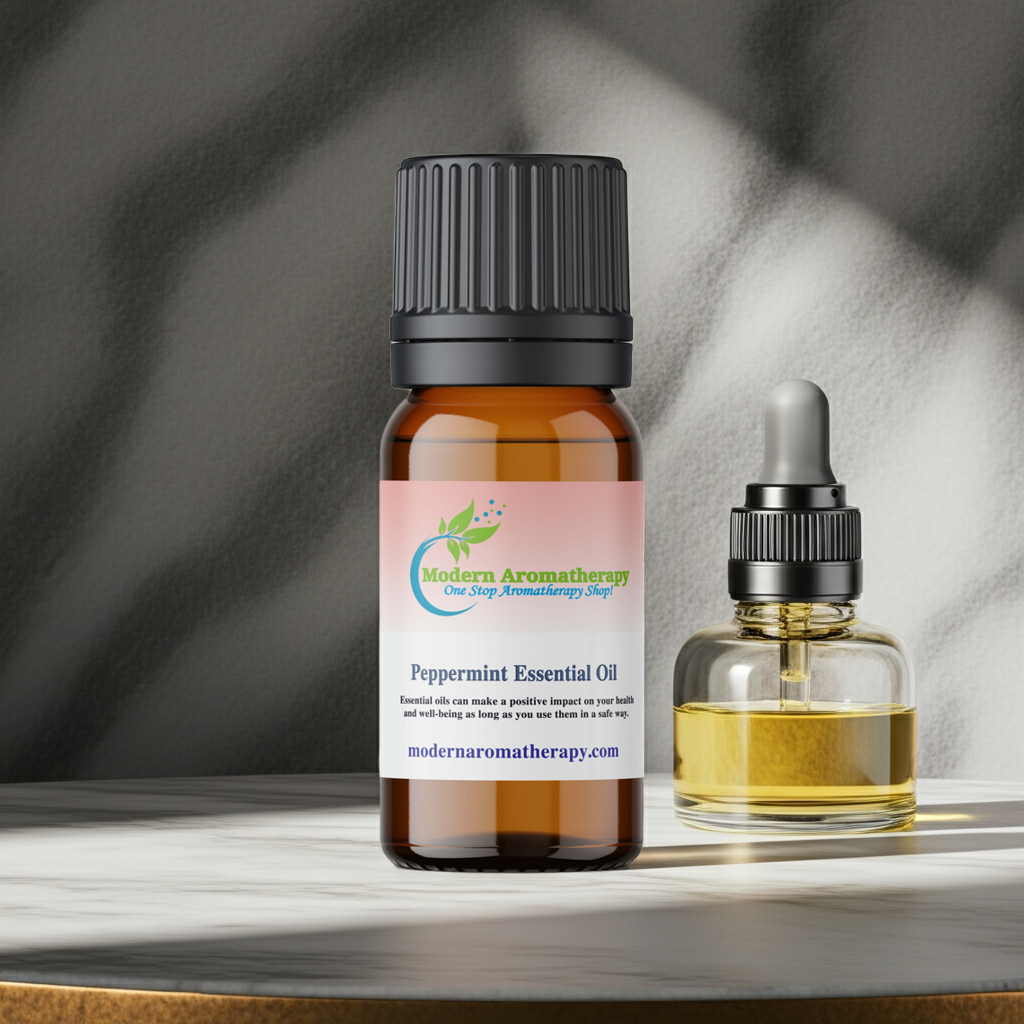 Pure peppermint essential oil dropper bottle for aromatherapy blends, focus support, and energizing home fragrance.