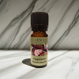 Starwest Botanicals pure Peppermint essential oil bottle for invigorating aromatherapy, diffuser sessions, and herbal wellness routines.