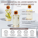 HIQILI pure sandalwood essential oil bottle for humidifier use, aromatherapy sessions, and peaceful home ambiance.