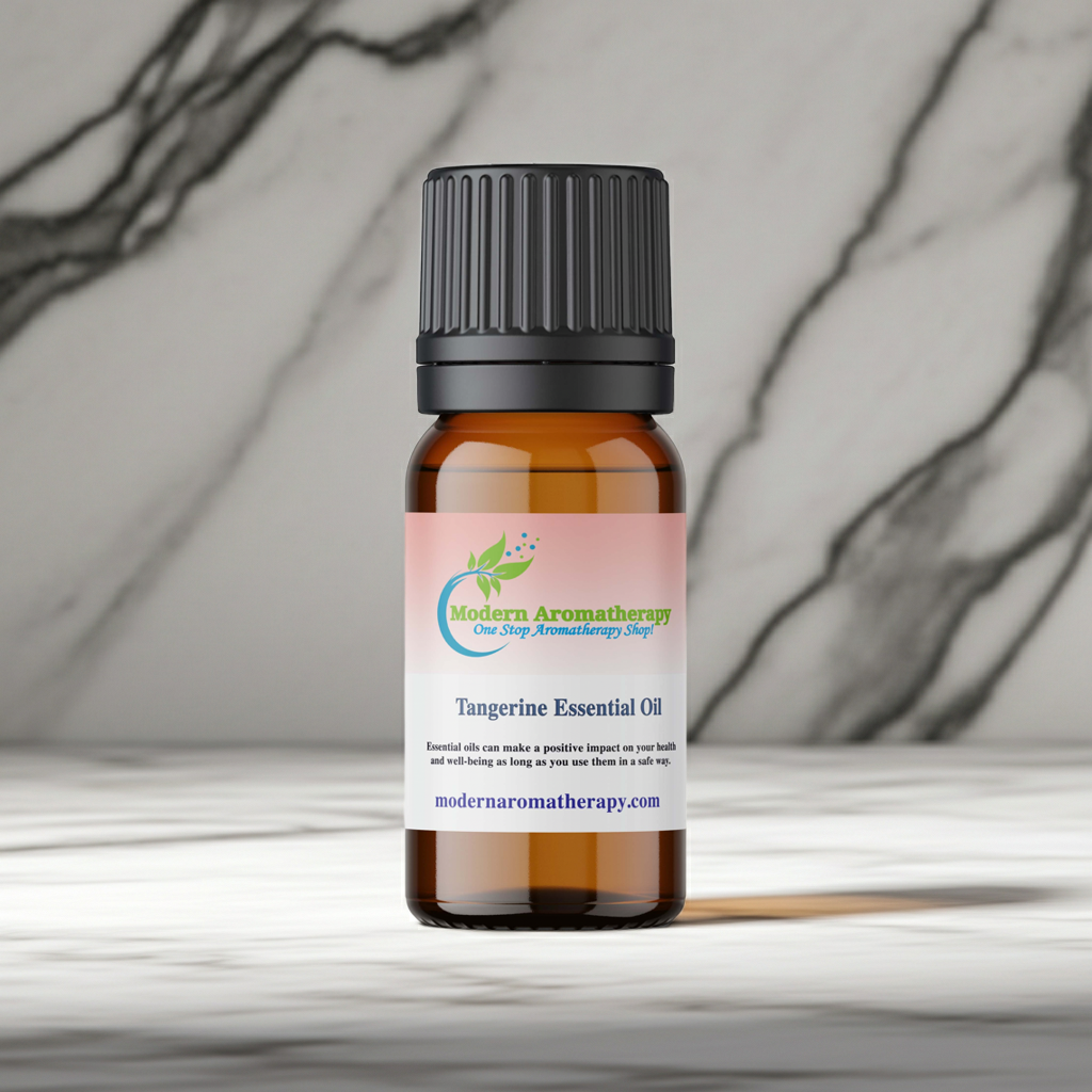 Bottle of pure Tangerine Essential Oil for diffuser use, relaxation, and fresh citrus room scent.