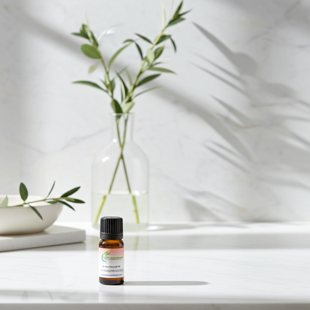 Tea tree essential oil dropper bottle for acne-prone skin care, natural cleaning formulations, and purifying aromatherapy.