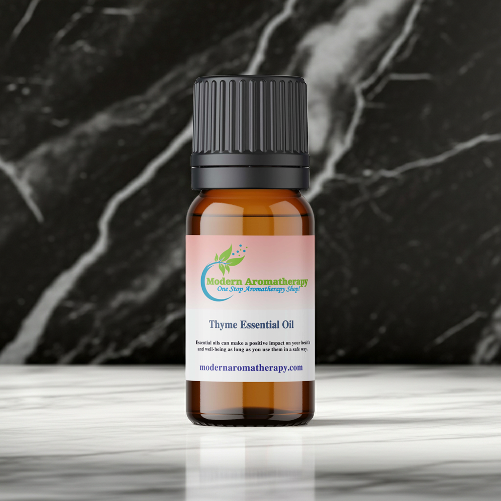 Pure Thyme Essential Oil dropper bottle for aromatherapy, massage oil blending, and diffuser use.