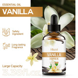 Pure vanilla essential oil bottle for diffuser use, skin care applications, and homemade wellness recipes.