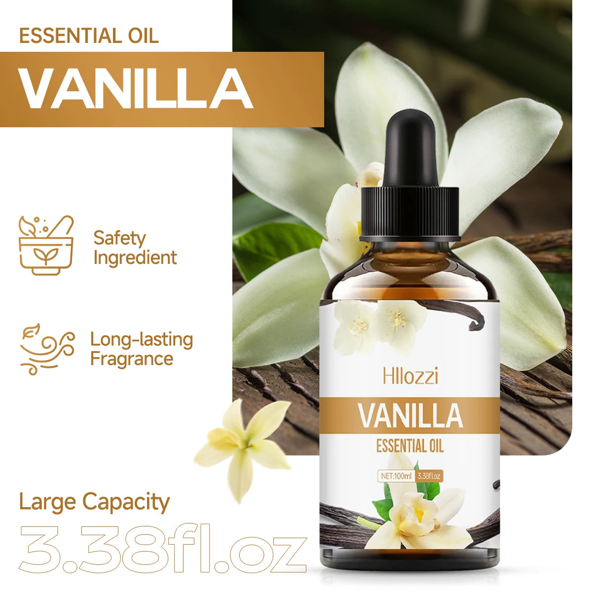 Pure vanilla essential oil bottle for diffuser use, skin care applications, and homemade wellness recipes.