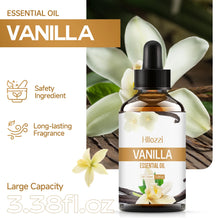Pure vanilla essential oil bottle for diffuser use, skin care applications, and homemade wellness recipes.