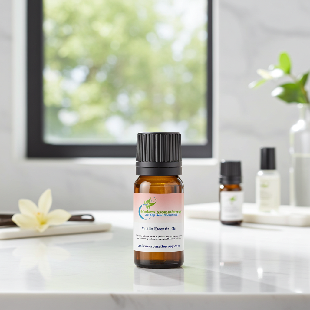 Vanilla essential oil dropper bottle for relaxation aromatherapy blends, sleep support, and warm sweet home scenting.