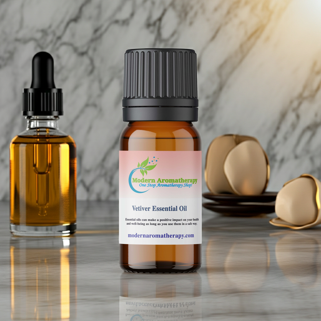 Vetiver essential oil dropper bottle for grounding meditation blends, sleep support, and profoundly earthy aromatherapy.