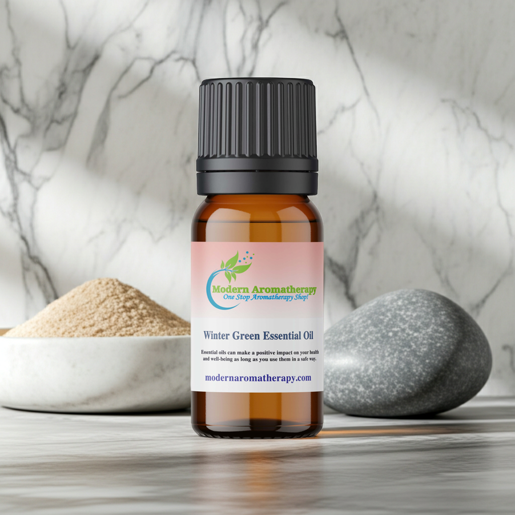 Wintergreen essential oil dropper bottle for muscle and joint soothing comfort, sports recovery massage, and sharp aromatherapy.