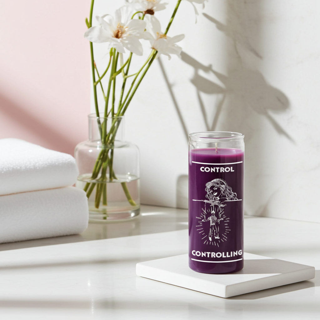 Purple Controlling 7 day candle in glass for focused spiritual work, altar rituals, and manifestation practice.