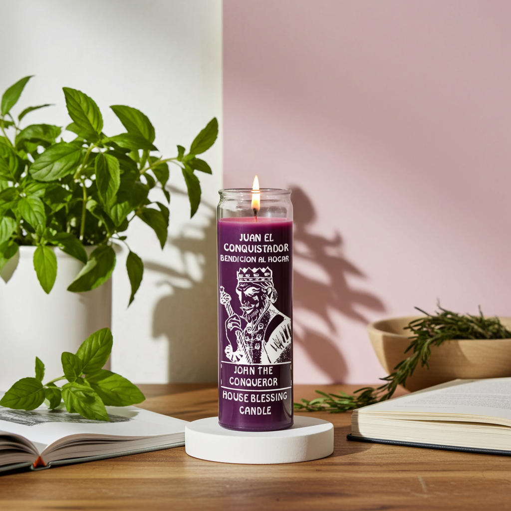Purple John the Conqueror 7 day glass candle for prayer, empowerment, and conquering obstacles.