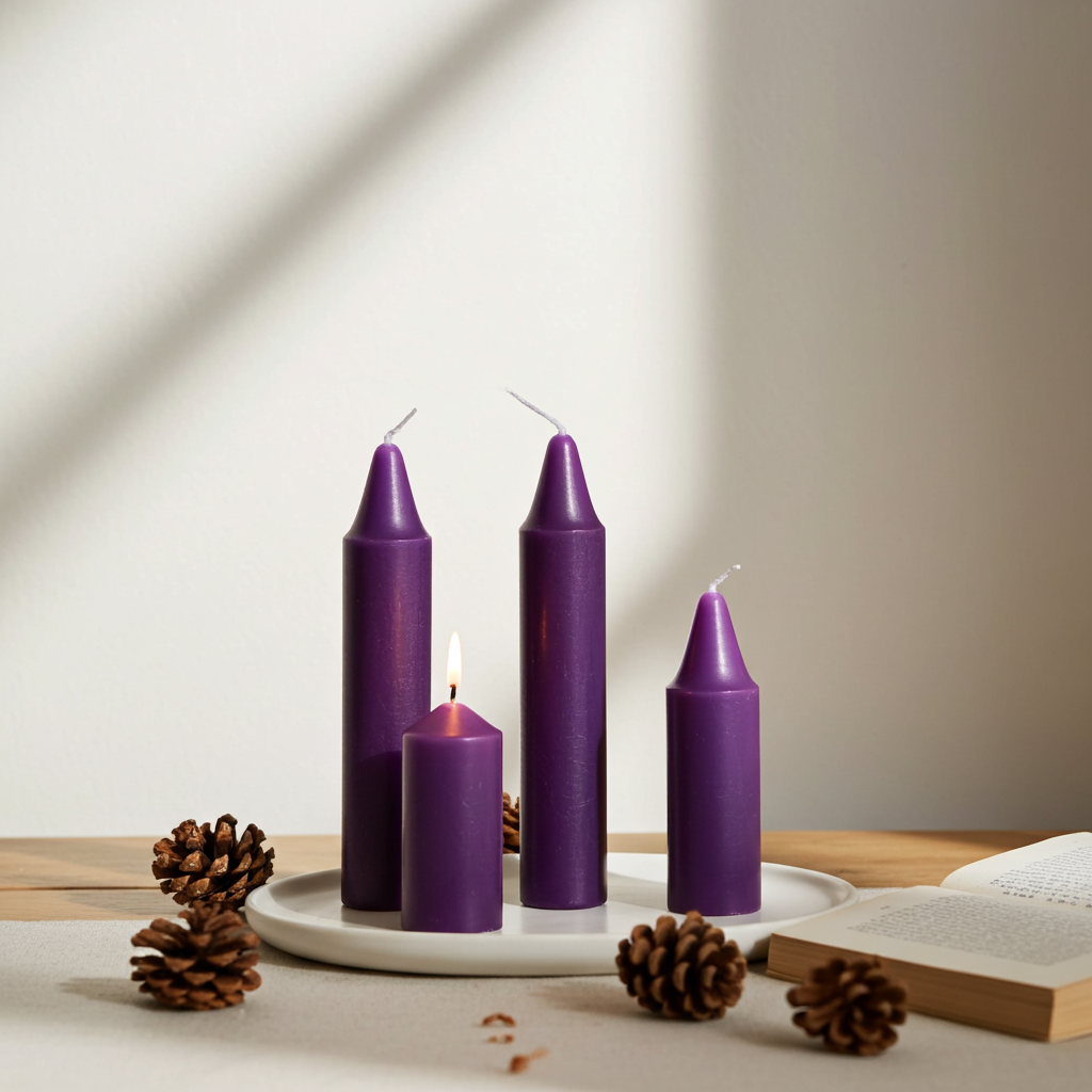 Purple Mini Ritual Candles set of 4 taper candles for spiritual rituals, intention setting, and altar practice.