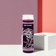 Saint Michael purple glass prayer candle for protection rituals, luck drawing, and devotional use.