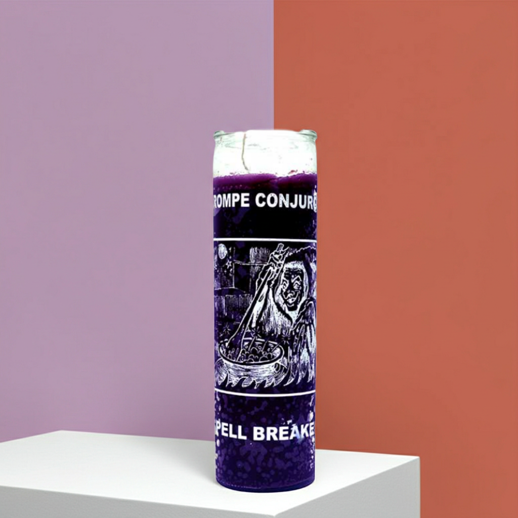 Purple Spell Breaker 7 Day candle in glass for removing negative energy, spiritual cleansing, and ritual work.