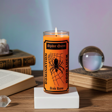 Spider Queen purple 1 color candle in glass container for prayer, manifestation, and ceremonial practice.