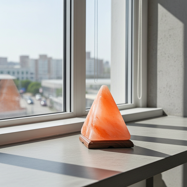 Pyramid Crystal Himalayan Salt Lamp geometric hand-carved salt crystal for calming amber glow, desk décor, and meditation spaces.