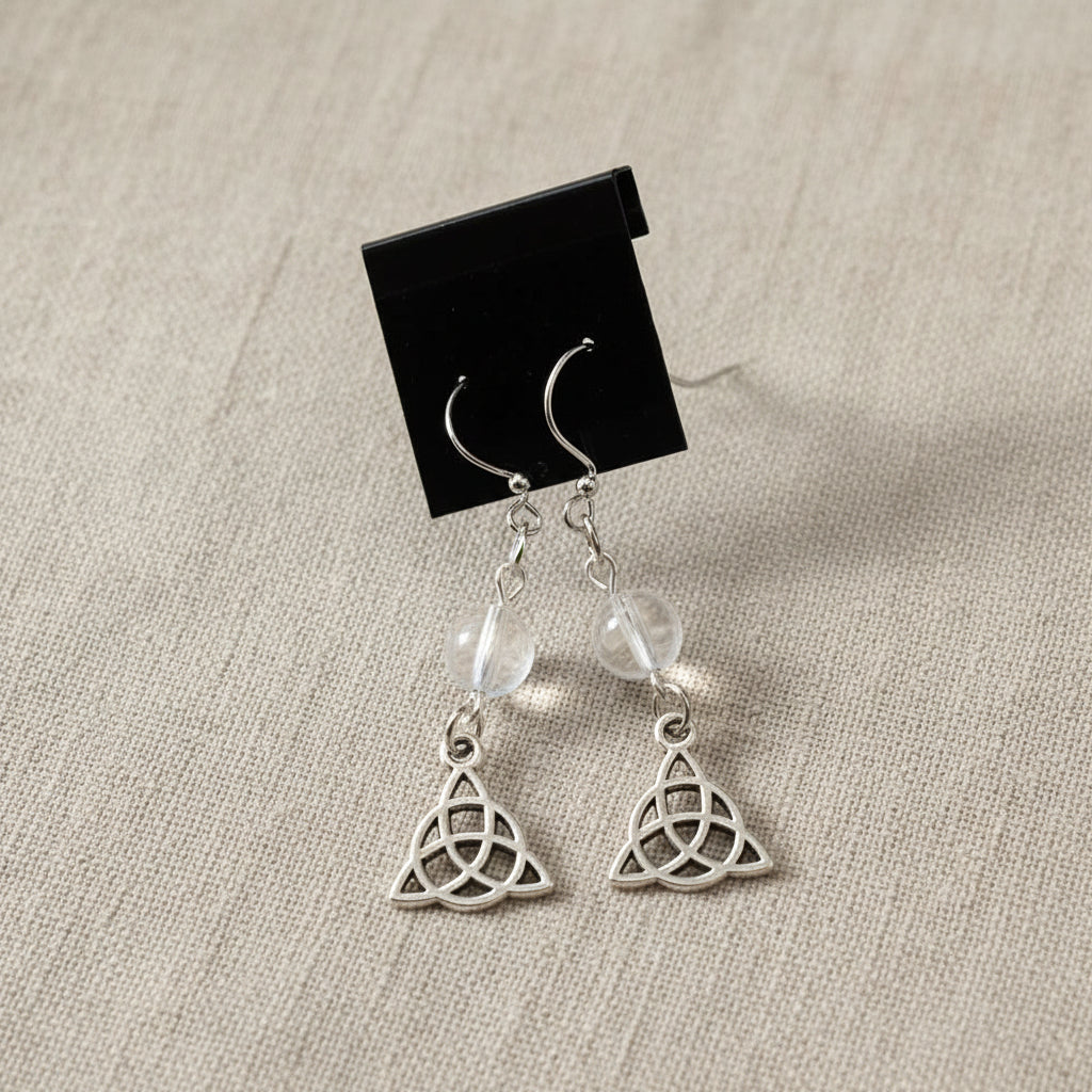 Quartz triquetra earrings for Celtic-inspired jewelry, everyday wear, and gift giving.