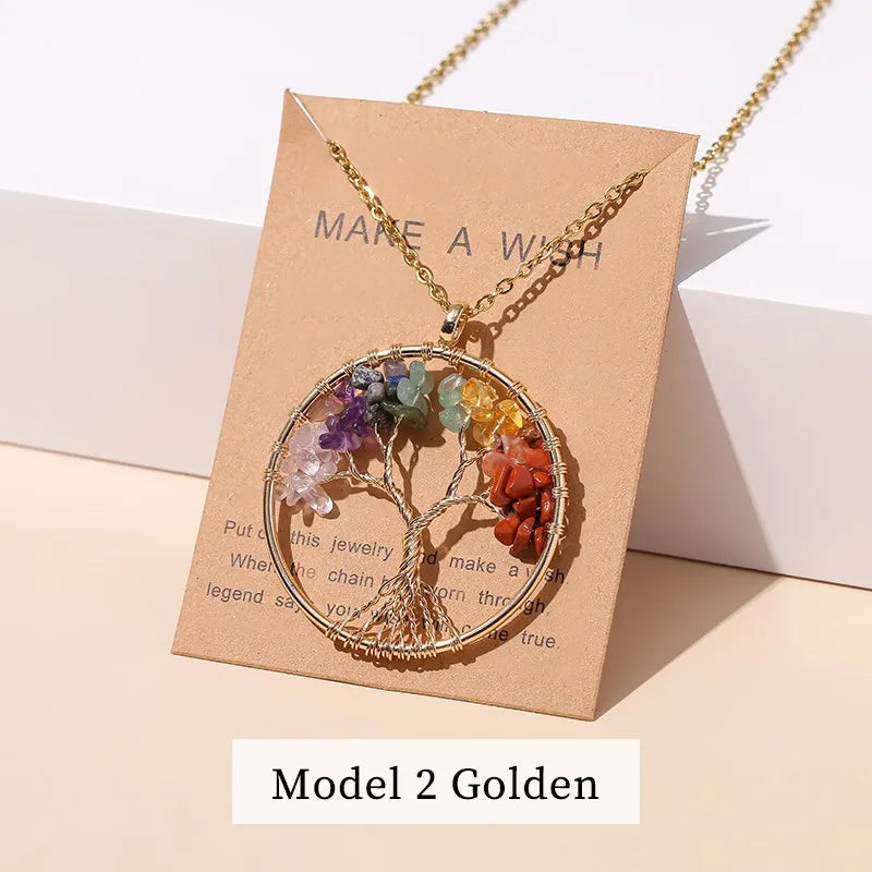 Rainbow chakra Tree pendant jewelry for aura balancing, mindful gifting, and spiritual fashion wear.