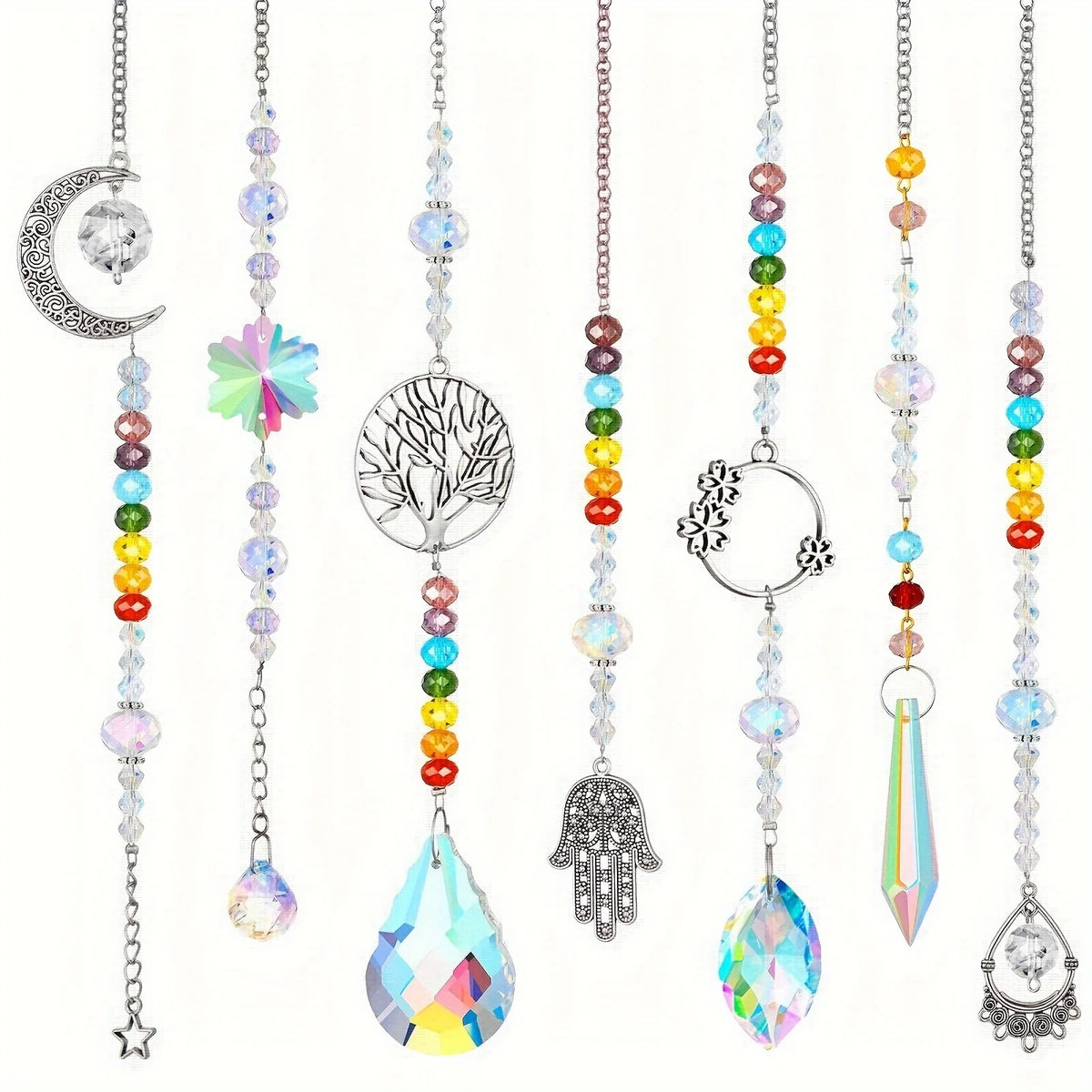 7-Piece Colorful Crystal Sun Catcher Set crystal hanging decorations for windows, garden spaces, and creating sparkling rainbow light.