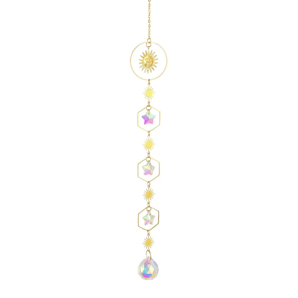 Rainbow prism window hanger with octagon bead garland for sun-catching, light reflection, and elegant home decoration.