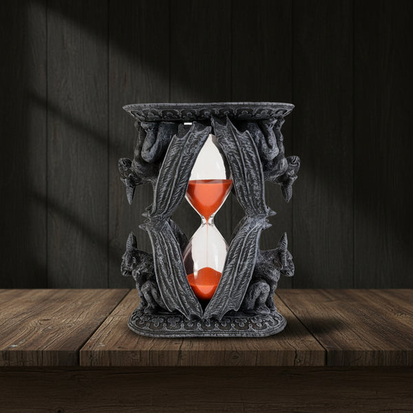 Ram Gargoyle hourglass decor piece for gothic home styling, shelf display, and dark fantasy room accents.
