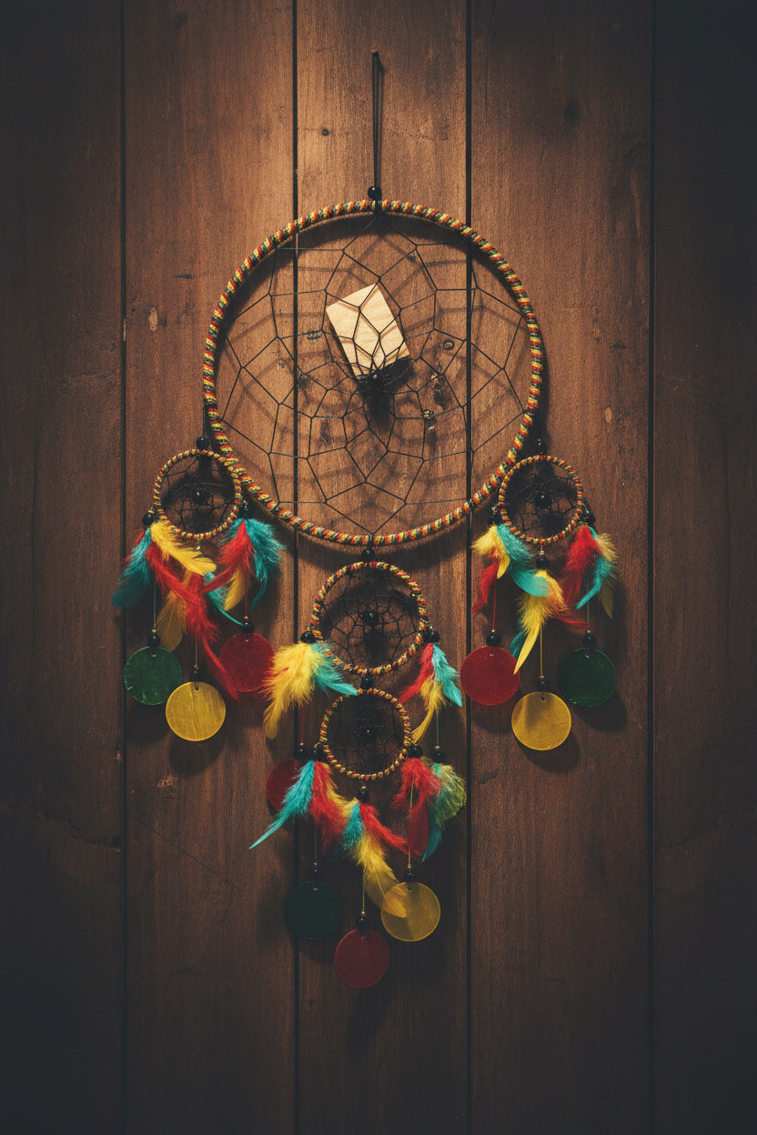 Rasta dreamcatcher with feathers, capis shell, and beads, 8 inch hoop