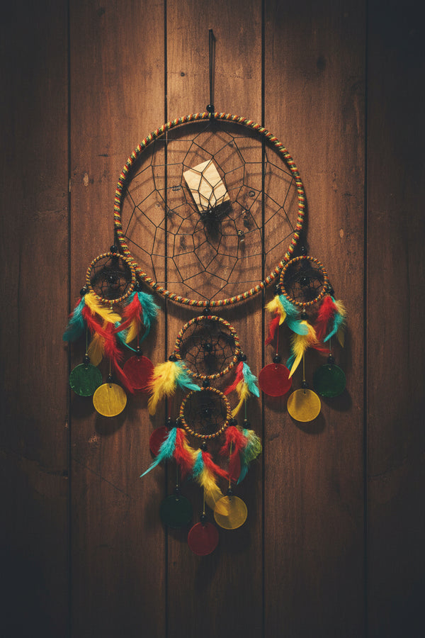 Rasta dreamcatcher with feathers, capis shell, and beads, 8 inch hoop