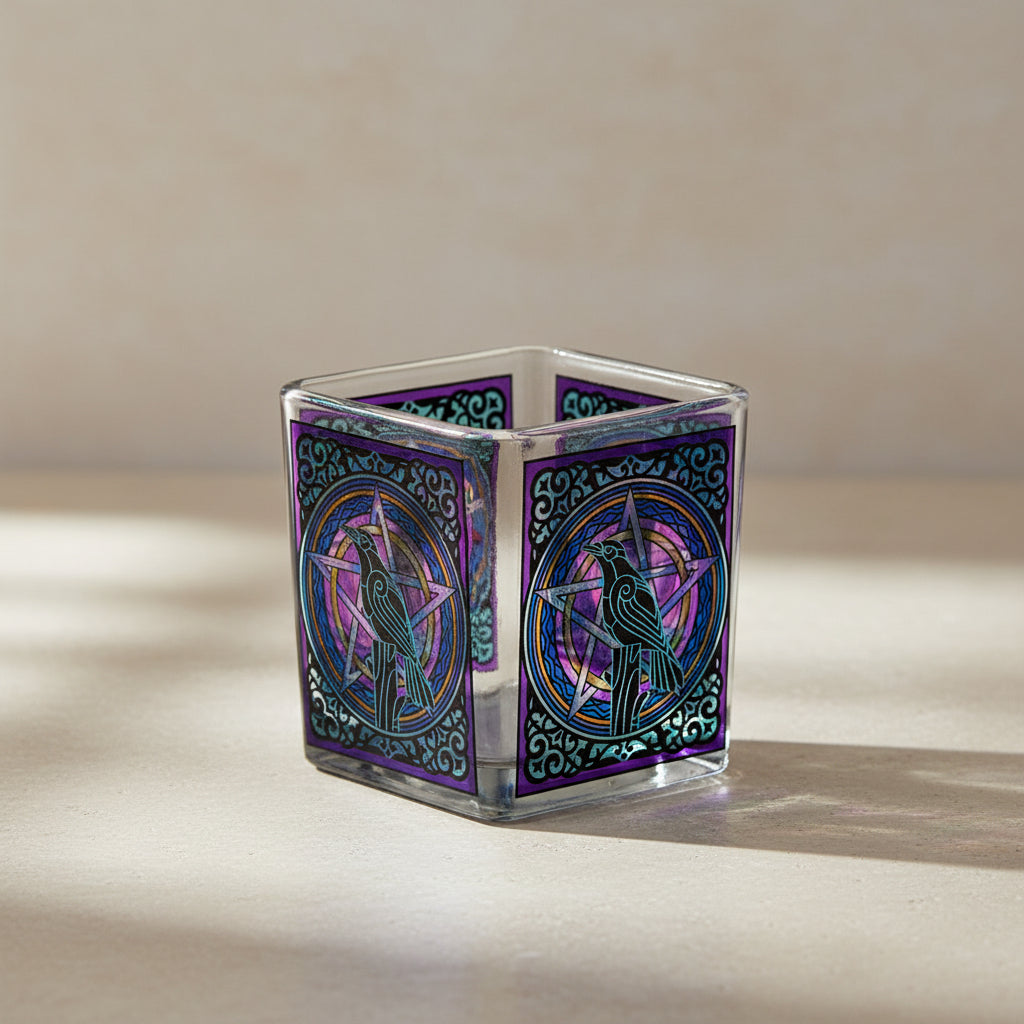 Raven handcrafted glass square votive holder for candle rituals, altar decor, and gothic-themed spaces.