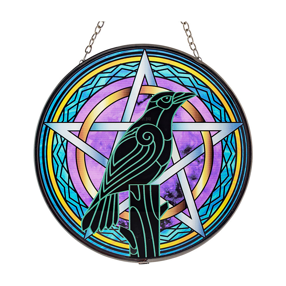 Raven glass suncatcher for window display, light-catching decor, and gothic-themed styling.