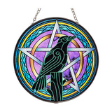 Raven glass suncatcher for window display, light-catching decor, and gothic-themed styling.