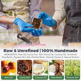 Raw African Black Soap bar with product details and natural ingredient images shown below.