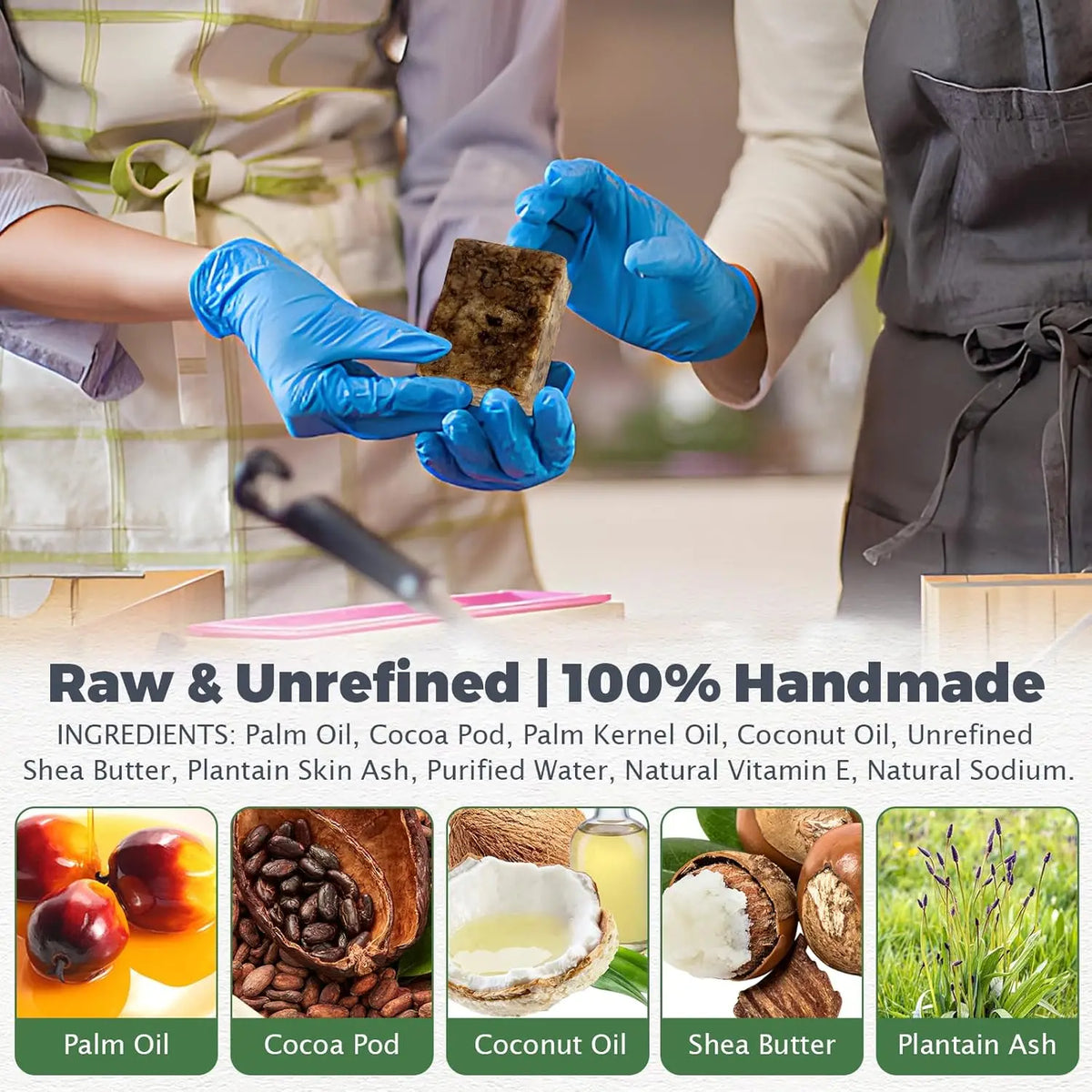 Raw African Black Soap bar with product details and natural ingredient images shown below.