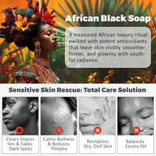 Raw African Black Soap benefits advertisement with woman in traditional attire and skin care text.