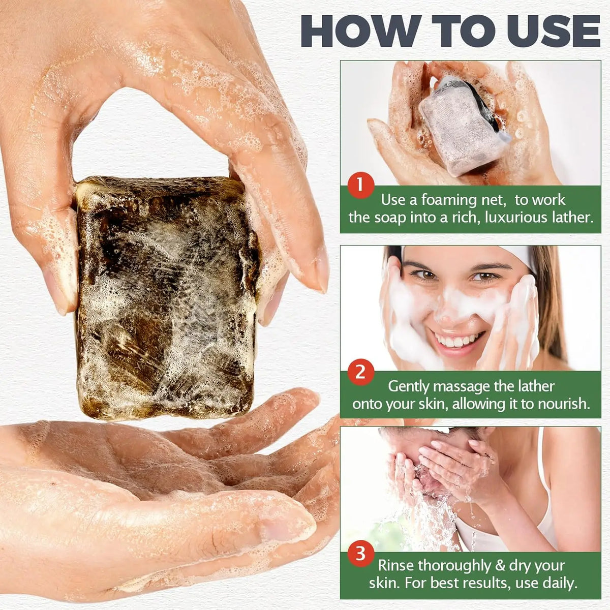Raw African Black Soap how to use instructions with step-by-step visual guide for face and body wash.