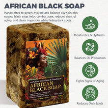 Raw African Black Soap bar with packaging featuring woman's face and green leaves on white background.