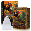 Raw African Black Soap packaging featuring a woman's portrait and full product display.