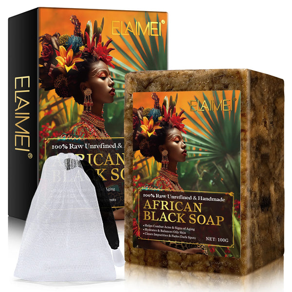 Raw African Black Soap packaging featuring a woman's portrait and full product display.
