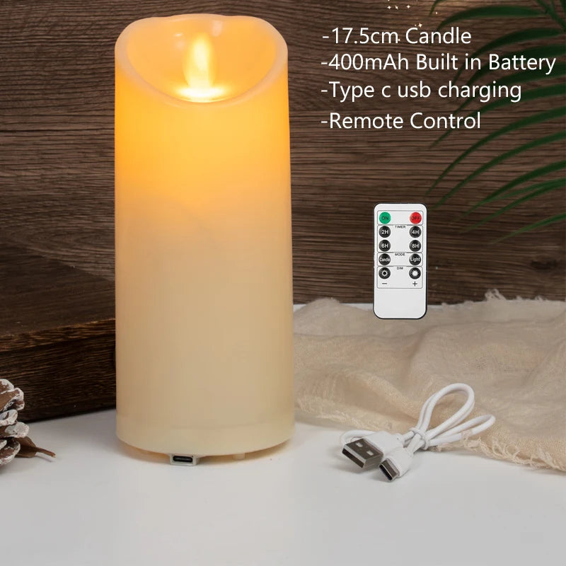 Realistic flameless USB-C pillar candle for candle-style glow, bedroom decor, and worry-free indoor lighting.