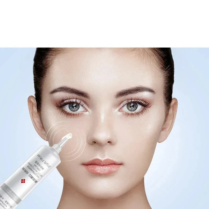 REAROYA Niacinamide Freckle Whitening Cream tube with brightening effects shown on a woman's face.