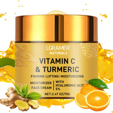 REAROYA Turmeric Vitamin C Retinol Face Cream jar with key ingredient names displayed for brightening and anti-aging.