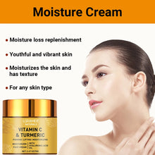 REAROYA Turmeric Vitamin C Retinol Face Cream advertisement showing moisturizing and brightening benefits on woman's face.